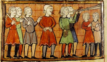 Valse getuige met doorboorde tong veroordeeld om door de straten van de stad te dwalen voorafgegaan door miniatuur trompetspelers uit Citeaux-manuscript. Angers, Gemeentelijke Bibliotheek