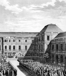 Feest gegeven door Napoleon I Bonaparte (1769-1821) in het Palais national du Directoire (Palais du Luxembourg) in Parijs na de handel van Campo Formio op 20 frimaire An VI (10 december 1797). Parijs, Bibliotheek van het Instituut voor Geschiedenis van de 
