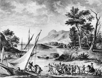 Franse revolutie: arrestatie van Franse ambassadeurs Charles Louis Huguet de Semonville (1759-1839) en Hugues Bernard Maret (1763-1839) in Novate op 25 juli 1793. Gravure en tekening door Duplessi - Bertaux