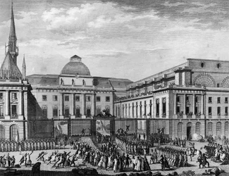 Franse Revolutie: Stadhuis van Parijs, parlement in november 1790 op het eiland van de stad voorgezeten door Jean Baptiste Gaspard Bochart de Saron (1730-1794). Parijs, Bibliotheek van het Instituut voor Geschiedenis van de Revolutie
