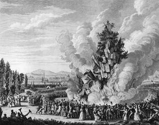 Franse Revolutie: herdenking van de bestorming van de Bastille op 14 juli 1792 met een groot vreugdevuur waarin de symbolen van de monarchie uit het paleis van de Tuilerieën worden verbrand. Parijs, Bibliotheek van het Instituut voor Geschiedenis van de Re
