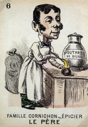 Spel van de Zeven Families: De Vader van de Familie Cornichon-kruidenier die Dijon-mosterd bereidt. Musée de la Carte à Jouer, Issy-les-Moulineaux.