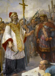 St Corentin legt de eerste steen van de Kathedraal van Quimper aan de Odet in aanwezigheid van koning Gralon Meur, 435 - schilderij van de kerk van Morlaix