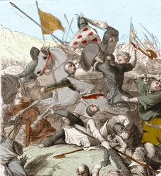 De Slag bij Hattin, 4 juli 1187 (kleur litho).