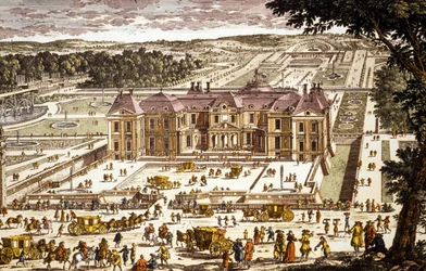 Gezicht op het Château Vaux le Vicomte, gebouwd door Louis le Vau in 1658-1661 voor Nicolas Fouquet (kleurengravure)