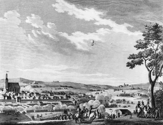 Oorlog van de Franse Revolutie en Beweging tegen Revolutionairen: Overwinning van de Slag bij Fleurus gewonnen door de Fransen op 8 messidor jaar II (26 juni 1794) tegen het Verenigd Koninkrijk en Oostenrijk. Parijs, Bibliotheek van het Instituut voor Gesc