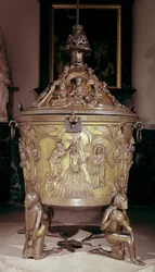 Doopvont met een reliëfpaneel van de Doop van Christus, ondersteund door vier knielende figuren die de rivieren van het paradijs voorstellen, Duits, ca. 1225-30 (brons)