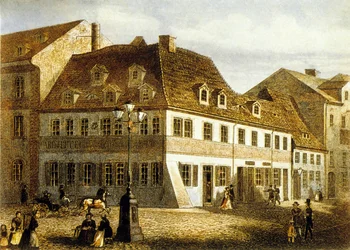 Geboorteplaats van componist Robert Schumann in Zwikau, Saksen (kleurgravure)