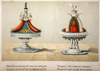 Ontwerp voor de presentatie van ossenhaas op een bed van stearine en voor kreeft, illustratie uit een Hongaars kookboek over Franse keuken, c.1880