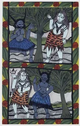 Kama, god van verlangen, stuurt een liefdespijl naar Shiva in meditatie, om te verenigen met Parvati. Pat: geschilderde rol uit de Bengalen regio, dienend als verhalend medium voor de zangers Baoul (Baul). Leonard de Selva privécollectie.