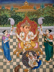 Heer Ganesh Ganpati Riddhi en Siddhi Miniatuurschilderij op papier