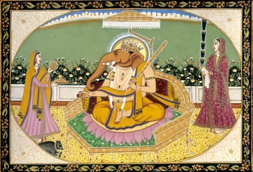 Heer Ganesh met Ridhi en Siddhi Miniatuurschilderij India