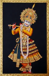 Heer Krishna speelt fluit miniatuurschilderij op papier