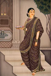 Marathi dame op weg naar de tempel Miniatuurschildering op papier