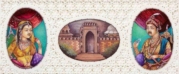 Miniatuurschildering van Mogolkeizer Akbar met vrouw Jodha Bai