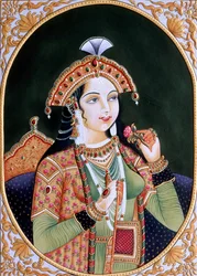 Miniatuurschilderij op papier van prinses Mumtaz Mahal vrouw van Mughal keizer Shah Jahan