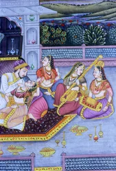 Mughal Miniatuurschilderij op Papier, Liefdesscène