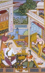Mughal miniatuurschilderij op papier, koninklijke koning geniet van een drankje