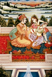 Schilderij van Mughal keizer met zijn vrouwen in liefdesscène, India