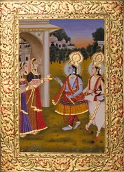 Radha Krishna miniatuurschilderij op papier met goud reliëf