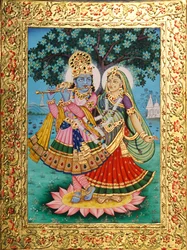 Radha Krishna miniatuurschilderij op papier met gouden reliëf