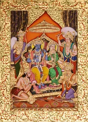 Ram Darbar in miniatuurschildering op papier met gouden reliëf