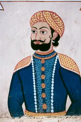 Muurschildering van Rajput edelman, Jaipur, Rajasthan, India