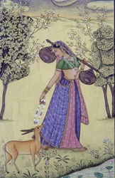 Vrouw met Rudra Veena en Bloemenslinger Miniatuurschilderij, India