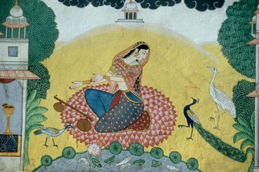 Vrouw met Rudra Veena Miniatuurschilderij, India