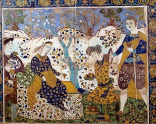 Iraanse kunst: detail van een azulejo die een Portugese missionaris onder de Perzen voorstelt