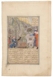 Rustam schopt een rotsblok opzij, Timurid Shiraz, Iran, ca.1440-50 (inkt op perkament)