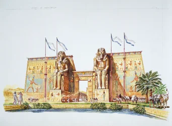 Oud Thebe - reconstructie van de beelden van Amemhotep III, bekend als de Kolossen van Memnon, ten tijde van Ramses II