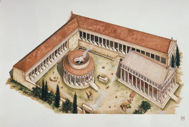 Ceremoniële cirkelvormige tholos en tempel van Asclepius, Epidaurus, 4e eeuw v.Chr.