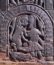 Detail van een leeuwenjacht van een middeleeuwse kist (hout)