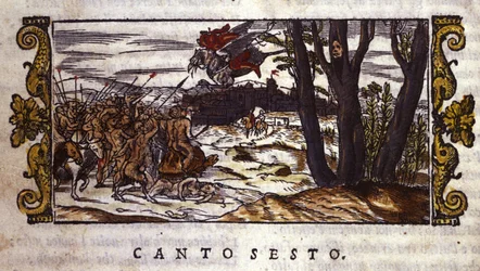 Ruggiero wordt door de hippogrief naar het eiland Alcina gebracht waar hij wordt aangevallen door een leger van monsters, scène uit 