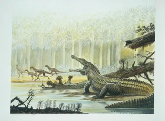 Rutiodon met Fabrosaurus op de achtergrond, Trias-periode