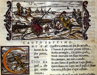 De reus Eryphila op een wolf vecht tegen Roger - Scène uit het riddergedicht 