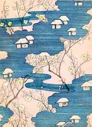 Patroon voor een Kimono-ontwerp: Huisjes met rivieren en kersenbloesems, c.1900