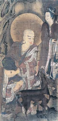 Religieus schilderij van jonge monnik met hinde, schilderij op zijde, Japanse beschaving, Heian-periode, 794-1185