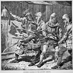 Samurai van Oud-Japan die gewone soldaten in maliënkolder leidt, gewapend met stootwapens