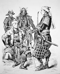 Samurai van Oud Japan in traditionele kleding en harnas