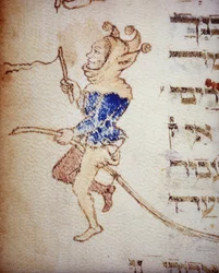 Een hofnar. 13e-eeuws Joods manuscript. Biblioteca Palatina, Parma.
