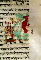 De roep van de sjofar, een joodse hoorn die traditioneel wordt gebruikt voor gebed in Hebreeuwse handschriften. Detail. Parijs, Bibliotheek van de Alliance Israélite Universelle