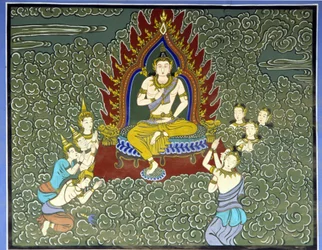 Aanbidding van de Boeddha. Fresco in Yongju Tempel, Suwon regio, Korea