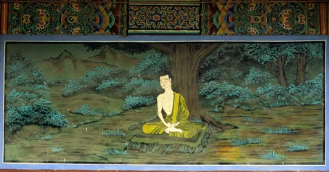 Boeddha in meditatie. Fresco in Yongju Tempel, Suwon regio, Korea.