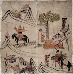 Twee panelen van een achtvoudig scherm voorstellende 