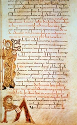 Sint Mattheüs; letter M (hoofd van de leeuw van Sint Marcus). Pagina in "Sacramentarium van Gellone", folio 42 (verlicht door David, ca. 790, Frankrijk)