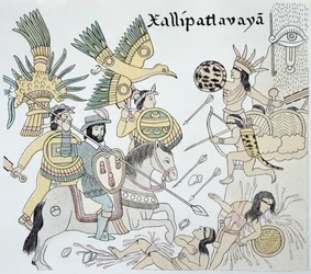 Gevechten tussen de Spanjaarden en Azteken tijdens de slag bij Xallipatlavaya, illustratie uit een facsimile van een Mexicaanse indiaanse prentengeschiedenis 