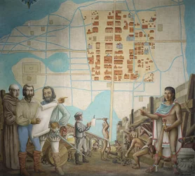 Drie mannen staand in een constructie, Mexico-Stad, Mexico