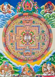 Mandala met Avalokiteshvara met duizend armen; de heilige, magische cirkel met de elfhoofdige Bodhisattva als symbool van oneindig mededogen
